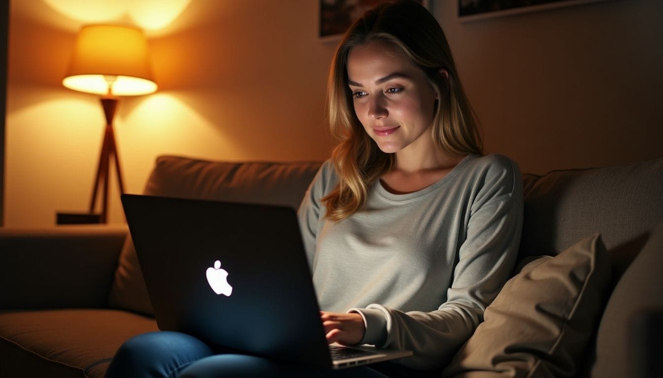 A woman in her mid-30s playing an online casino game at home.